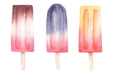 Watercolor popsicles clipart isolated on white background. Summer sweet ice cream graphic elements.