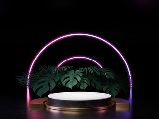 3d render of black white and gold pedestal podium on background with neon stage light abstract minimal concept decorate with plant, blank space luxury minimal clean design 3d product present mockup.