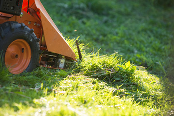 Professional lawn mower cutting grass