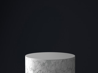 3d render of white marble round pedestal isolated on black background, gold frame, memorial board, cylinder steps, abstract minimal concept, blank space, clean design, luxury minimalist mockup