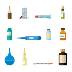 Various medication and healthcare icons. Creme, salve, syringe, syrup, nasal spray, drops, pills, enema, thermometer plastic and glass bottles and containers 