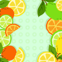 Summer tropical theme background or template with a space for a text, various fruits, green leaves. EPS 10