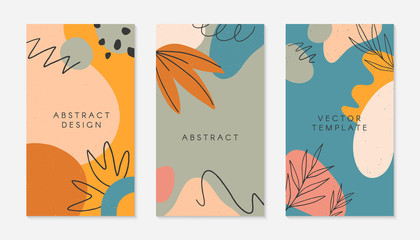 Set of editable insta story templates with copy space for text.Modern vector layouts with hand drawn organic shapes and textures.Trendy design for social media marketing,digital post,prints,banners.