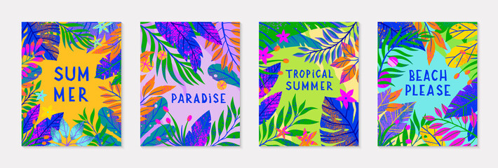 Bundle of summer vector illustrations with tropical leaves,flowers and elements.Multicolor plants with hand drawn texture.Exotic backgrounds perfect for prints,flyers,banners,invitations,social media.