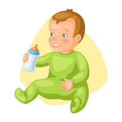 Illustration of cute little baby with bottle of milk.