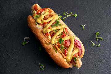 Classic hot dog with ketchup and mustard on a black background