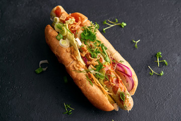 Classic hot dog with ketchup on a black background