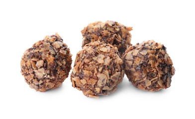 Delicious chocolate candies with waffle crumbles isolated on white