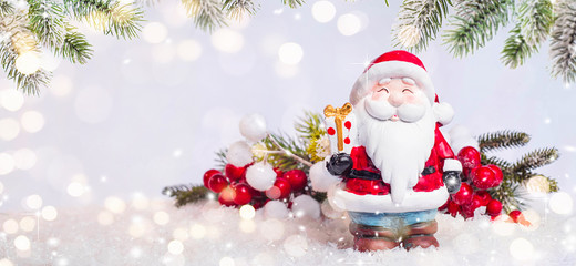 Merry Christmas and Happy New Year, Holidays greeting card with blurred bokeh background