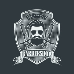 Barbershop Logo with barber pole and bearded men in vintage style. Vector template