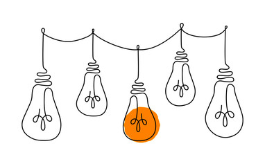 One line light bulbs. Continuous hand drawing linear icon sketch,  symbol business idea design, brainstorm inspiration concept. Vector illustration