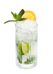 Mojito alcoholic classic cocktail in a glass isolated on white background. Drink with lime, mint and ice cubes
