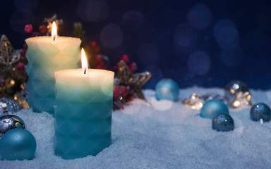 Merry Christmas and Happy New Year, Holidays greeting card with blurred bokeh background