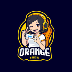 Cute gamer character mascot logo, Gamer girl esport logo template