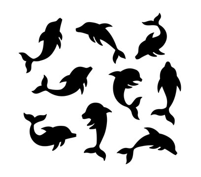 Set of dolhin silhouette. Hand drawn vector illustration. Black color dolphin icon isolated on white background. Stylish silhouette for tattoo. Stylized logo.