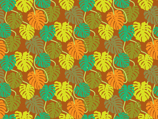 Seamless pattern of Monstera green and orange leaves on brown background. Flat vector graphics.