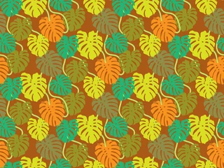 Foto op Aluminium Seamless pattern of Monstera green and orange leaves on brown background. Flat vector graphics. © Yuliya Marholina
