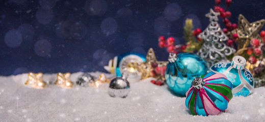 Merry Christmas and Happy New Year, Holidays greeting card with blurred bokeh background