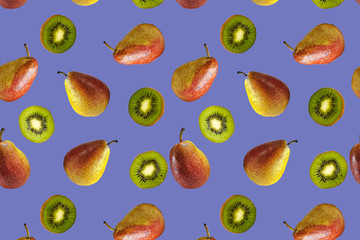 Seamless pattern of red and yellow pears and kiwi slices on a lilac background. The texture of the food