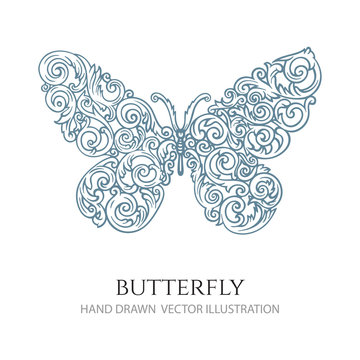 Butterfly. Butterfly with floral ornaments. Hand drawn butterfly vector illustration. 