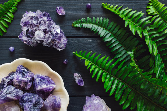 Amethyst Mix and Fern Leaves on Gray Background