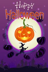 Happy Halloween. Pumpkin on the background of a huge moon and flying pumpkins and a witch. Eerie landscape in the cemetery. Purple background. Vector illustration.