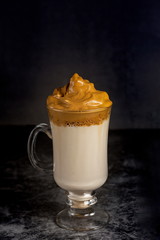 Dalgon's iced coffee, trendy fluffy creamy whipped coffee. Copy space