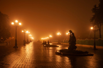 The avenue of city park at night. Kyiv, Ukraine.