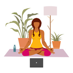 Female cartoon character practicing Hatha yoga. Woman doing workout indoor. Sport exercise at home. Yoga and fitness, healthy lifestyle. Flat vector illustration. Yogi woman in Ardha padmasana 