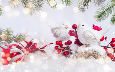 Merry Christmas and Happy New Year, Holidays greeting card with blurred bokeh background