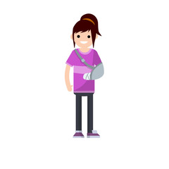 Woman with broken arm in the hospital. Providing medical care. Trauma patient girl. Hand in bandage. Cartoon flat illustration