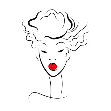 fashion illustration, vector, girl with magnificent hair, red lips, face, black and white, doodle, line art
