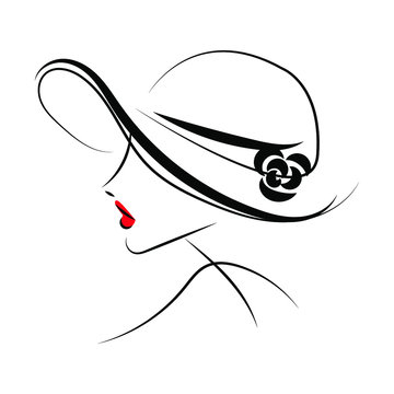 fashion illustration, vector, girl in a hat with red buzzers, black and white image, line art