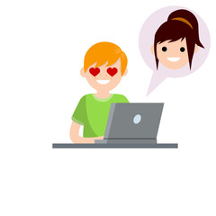 Fototapeta na wymiar Man in love sitting at table with laptop. boyfriend and girlfriend email. Bubble with girl head. Romantic relationships on Internet. Cartoon flat illustration. Chat with woman. Heart on eyes