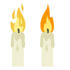 Candle with fire. flame with wick. Element of a new year, religion and villages. Wax object for lighting. Cartoon flat illustration