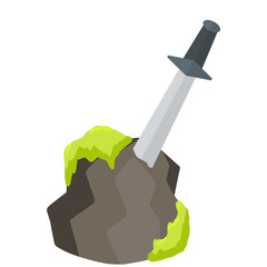 Legendary Excalibur. Knight and king Arthur test element. Medieval weapons and rock. Cartoon flat illustration. Sword in stone with green moss. English mythology and fairy tale