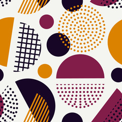 Circle, polka dot seamless pattern. Mixed texture irregular chaotic shapes print. Memphis stile geometric background