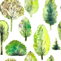 Watercolor trees. Seamless spring and summer pattern. Design for wallpaper, background, fabric, textile, covers, packaging, wrapping paper.