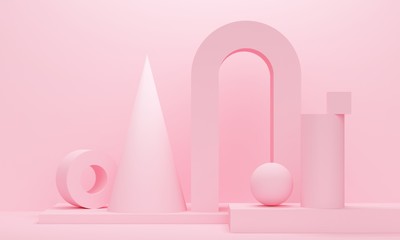 Pink abstract background with cone, sphere and arch. Backdrop design for product promotion. 3d rendering