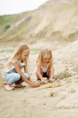 Fototapeta na wymiar Cute sisters 7 and 3 years old play on a sandy beach in summer