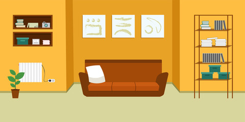 Cozy Living room interior with furniture.sofa, bookcase, table, lamps, carpet, wall picture