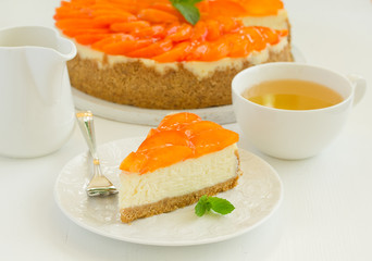 Cheesecake with peaches .. Selective focus.