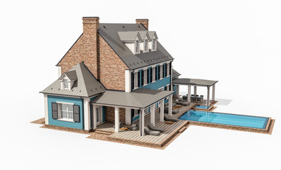 3d rendering of modern cozy classic house in colonial style with garage and pool for sale or rent. Isolated on white.