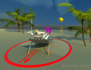 Summer holiday pandemic times 3D illustration. A character in protective outfit taking sunbaths at the beach on a deserted exotic island. Collection.