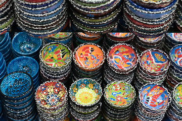 Hand Painted Colourful Bowls and Plates at Souk Market in Dubai, United Arab Emirates