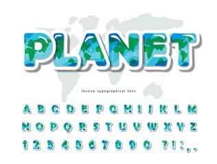 Planet Earth modern font. Paper cut out ABC letters and numbers isolated on white. Creative alphabet for environment, ecology, travel design. Vector