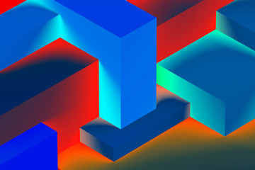 Fototapeta premium Abstract geometric cubic colorful in neon lights background. isometric 3d render.