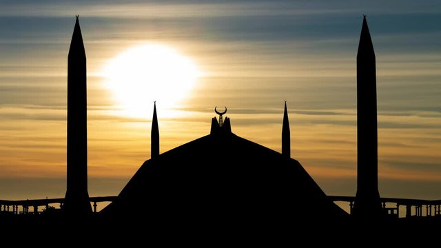 Faisal Mosque: the Masjid in Islamabad, Pakistan, Time Lapse at Sunset with Colorful Clouds