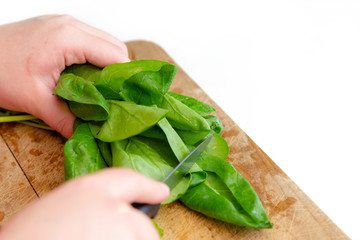 Close up view of chef hands cutting green spinach on wooden cutting board. Making healthy salad at...
