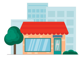 Shop window in the city vector illustration, shop restaurant cafe building on a city street, flat cartoon shop facade front view